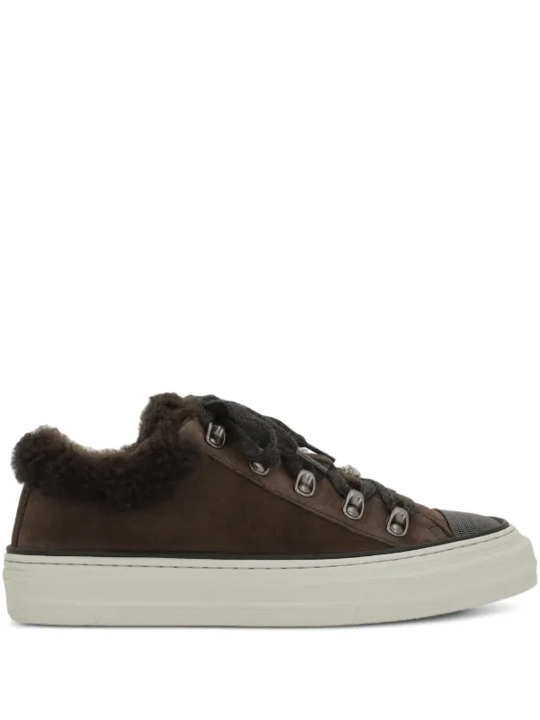 Brunello Cucinelli Shearling-trim Lace-up Sneakers in Brown