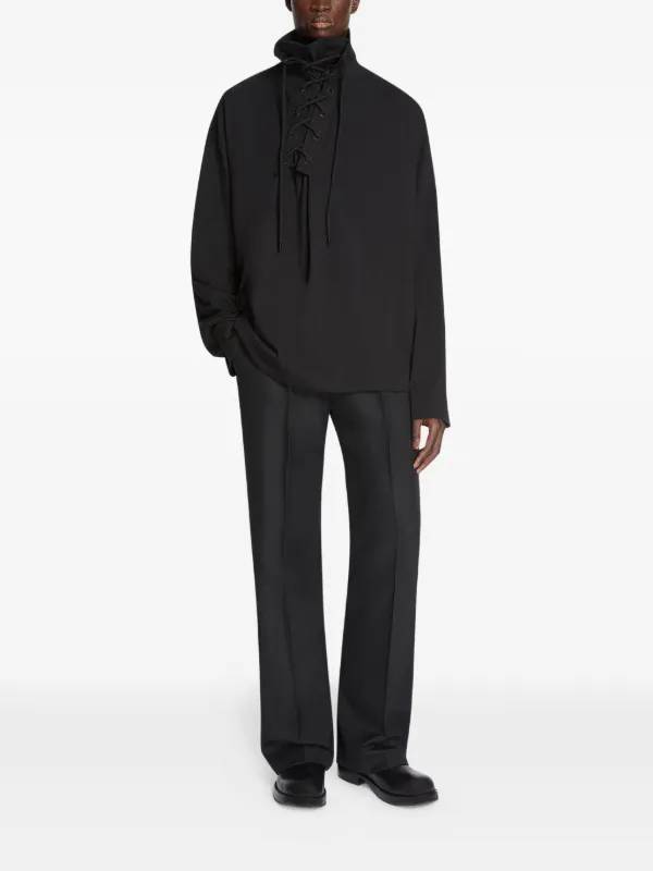 DRIES VAN NOTEN / レースアップ 襟 ロングスリーブ Tシャツ 黒 DRIES VAN NOTEN レースアップ ロングTシャツ | ブラック