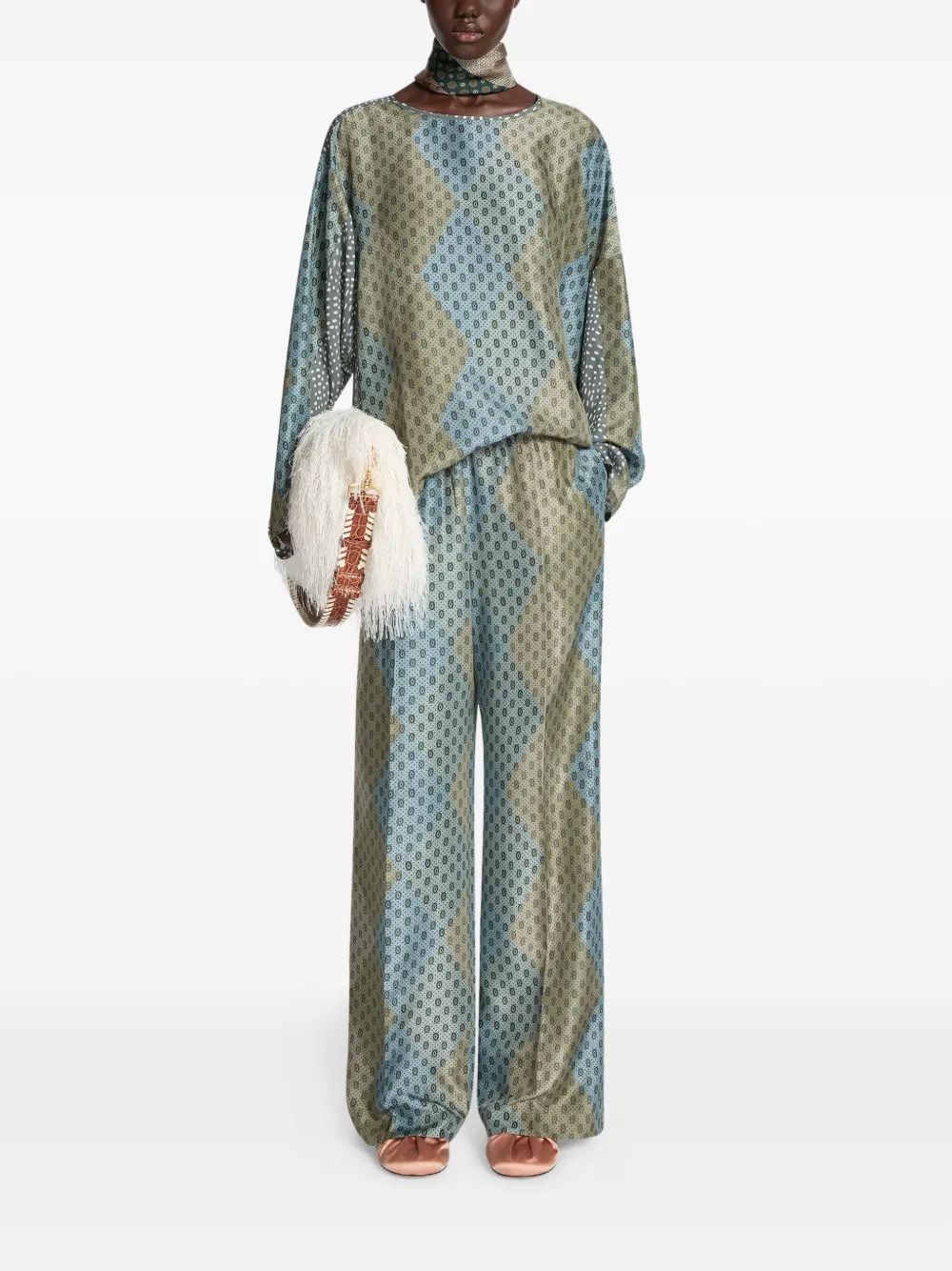 Dries Van Noten Womens Stone Puvis Graphic-print Silk Trousers In Blue
