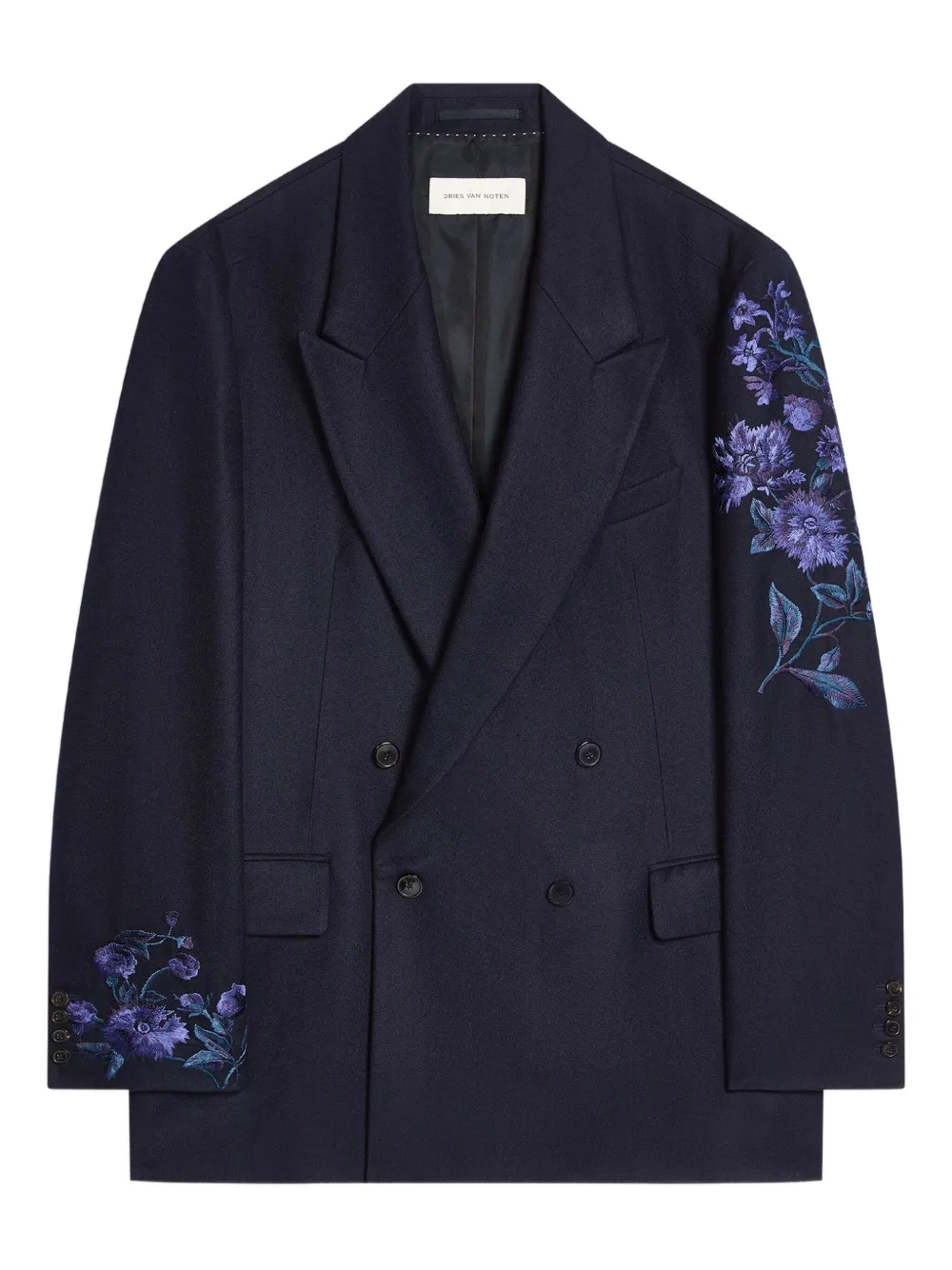 Dries Van Noten Floral-embroidered Double-breasted Blazer In Blue