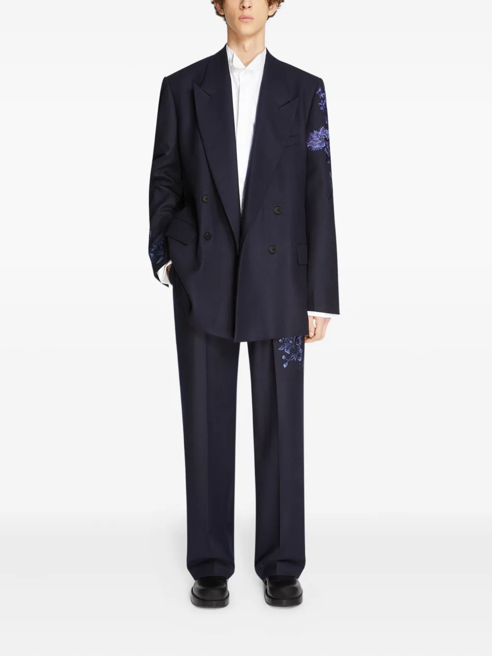 Dries Van Noten Floral-embroidered Double-breasted Blazer In Blue