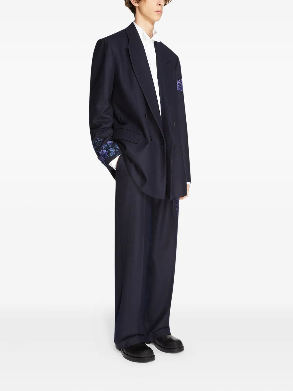 Dries Van Noten Floral-embroidered Double-breasted Blazer In Blue