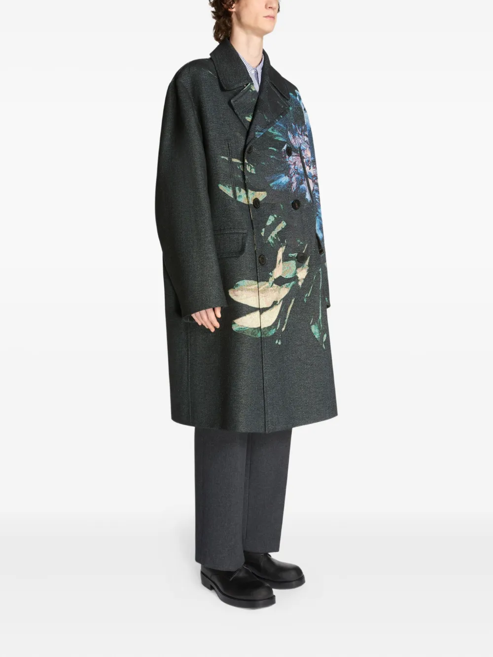 Dries Van Noten Cotton Blend Coat Floral Pattern In Black