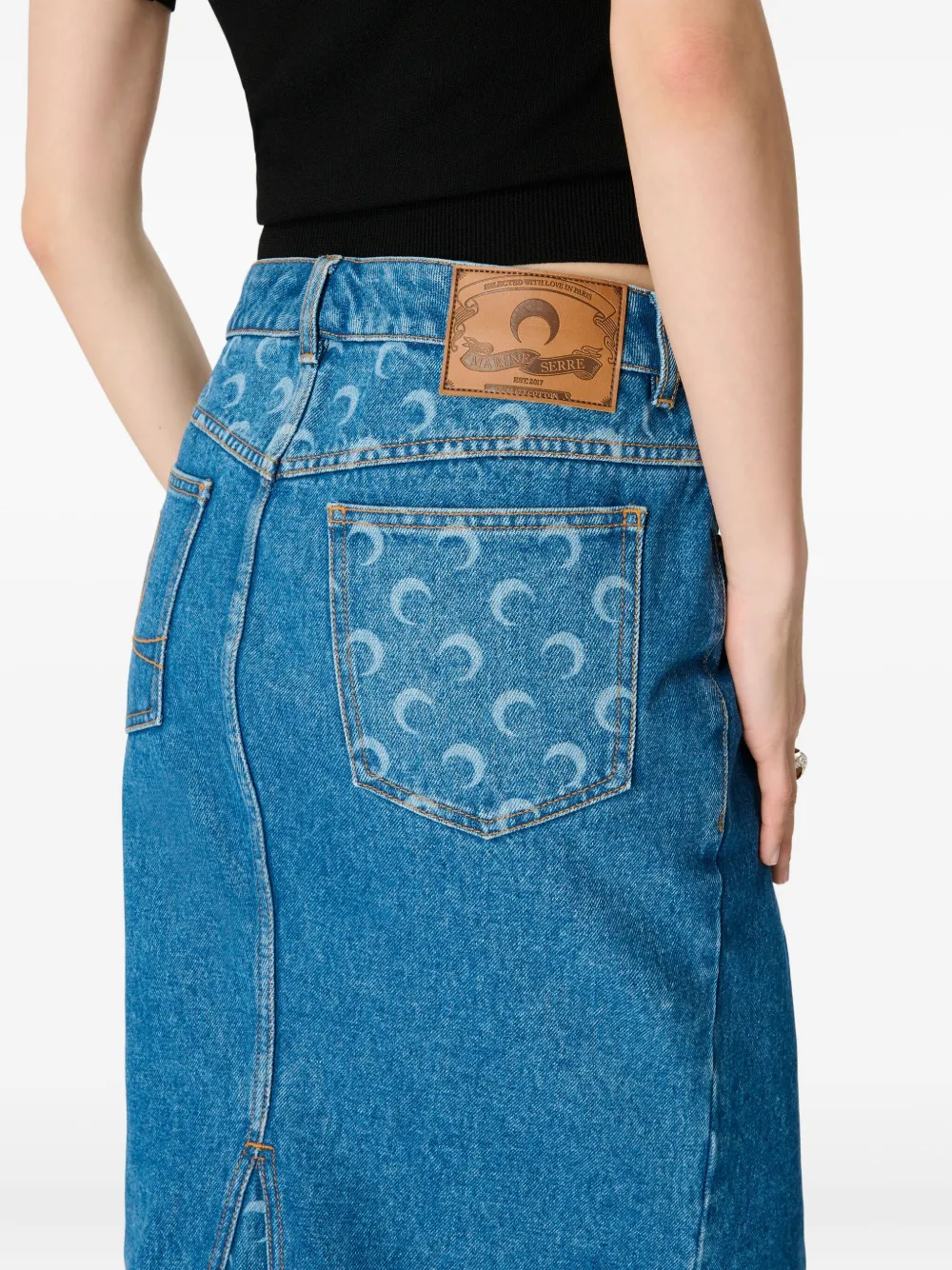 Marine Serre Denim Skirt Featuring Back Pockets And Belt Loops In Blue