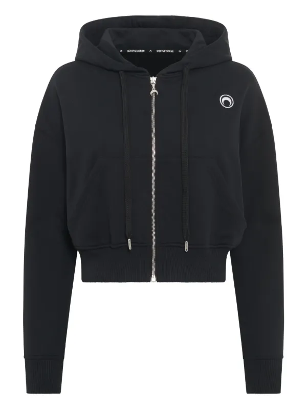 Marine Serre Moon Logo Fleece Cropped Zipped Hoodie | Black | FARFETCH