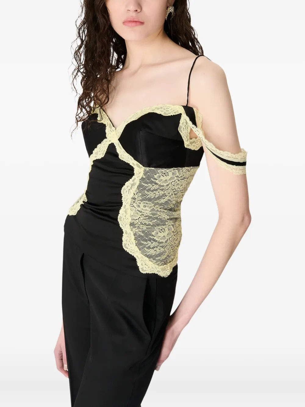 Marine Serre Satijnen top met afwerking van kant Zwart