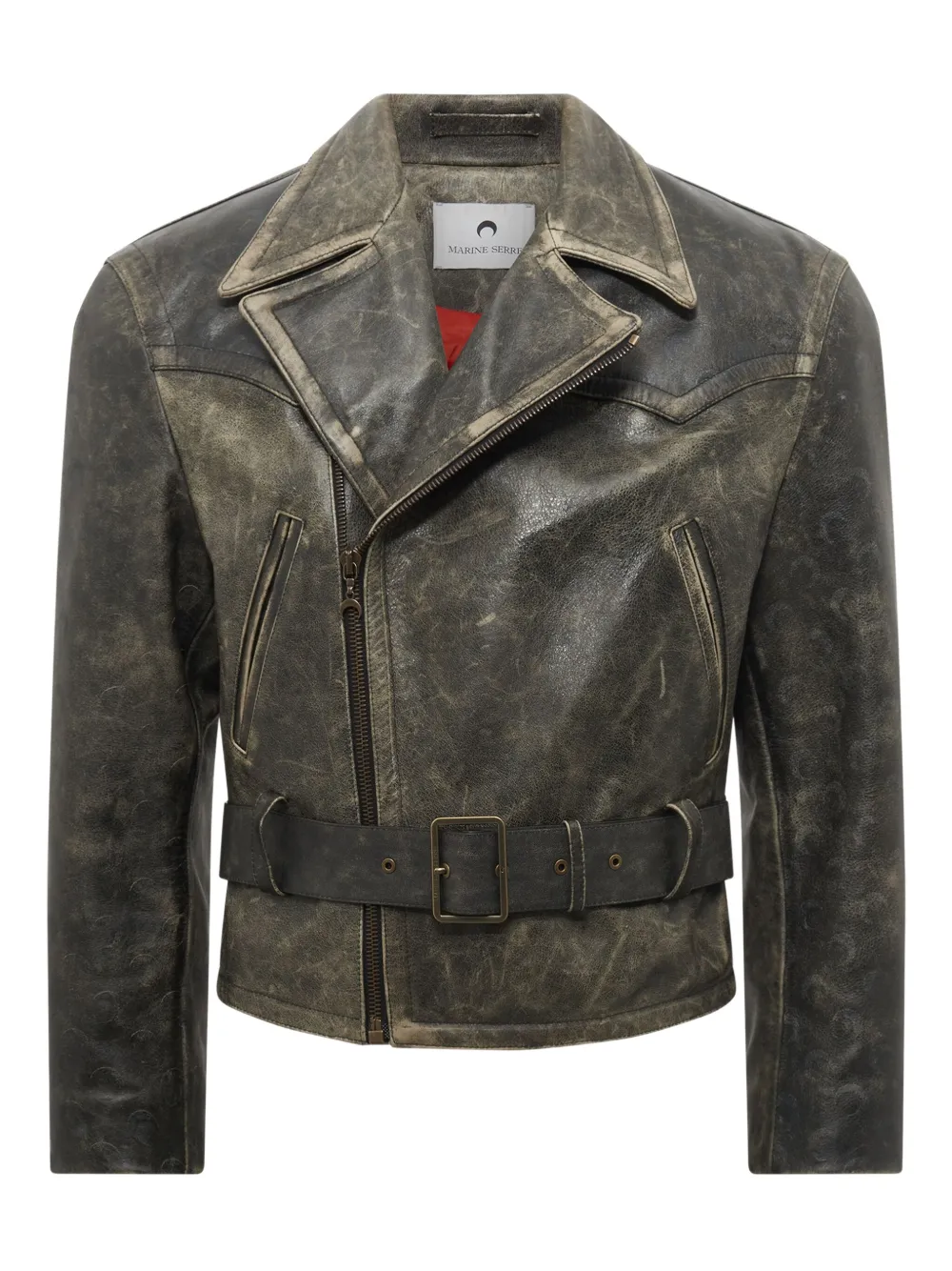 Marine Serre Moon Belted Leather Biker Jacket - Grigio