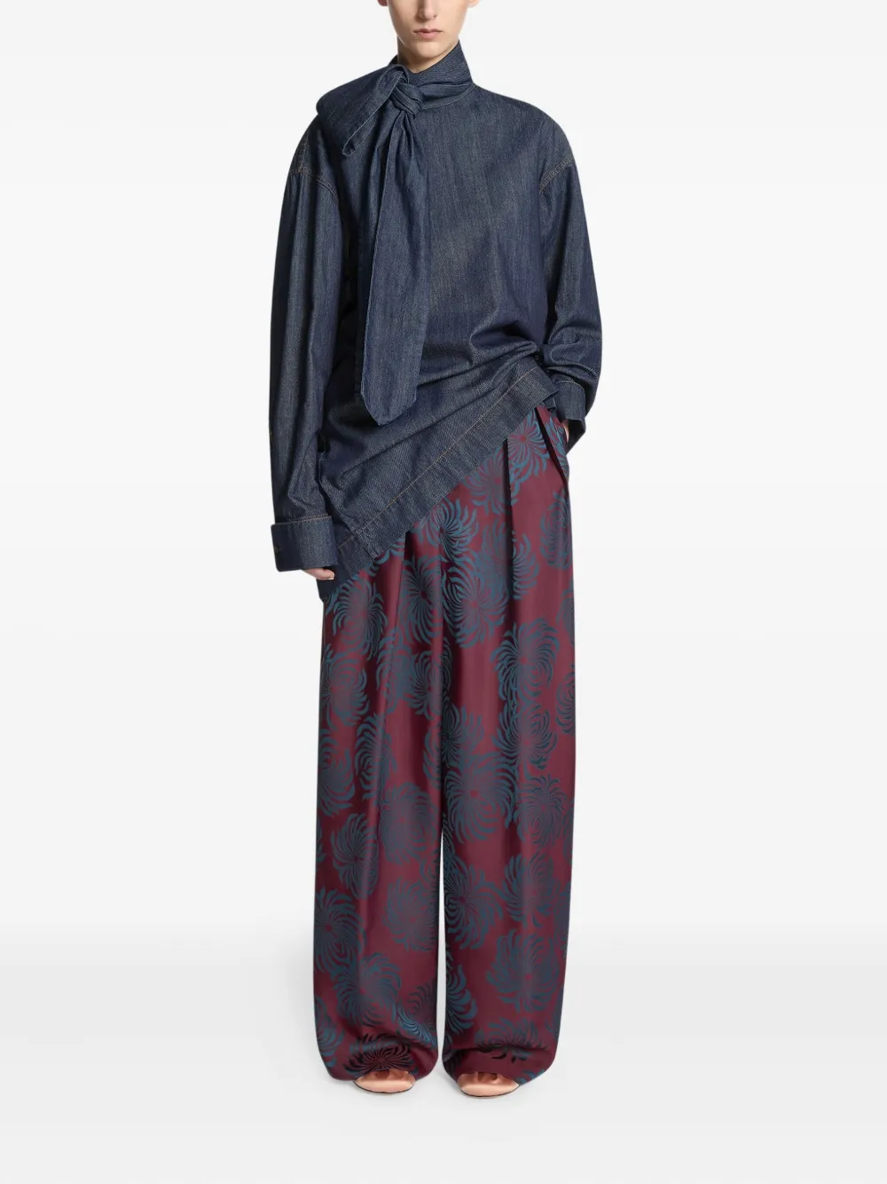 DRIES VAN NOTEN Denim blouse met gestrikte hals - Blauw