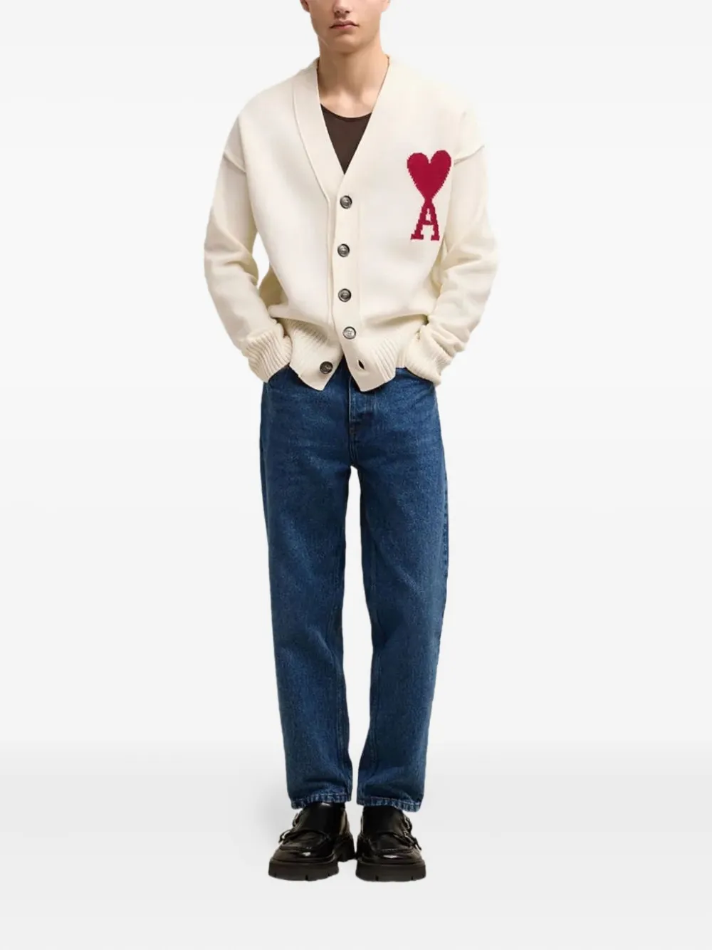 AMI Paris Ami de Coeur heart-logo wool cardigan Beige