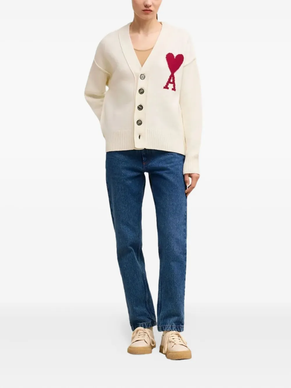 AMI Paris Ami de Coeur heart-logo wool cardigan Beige