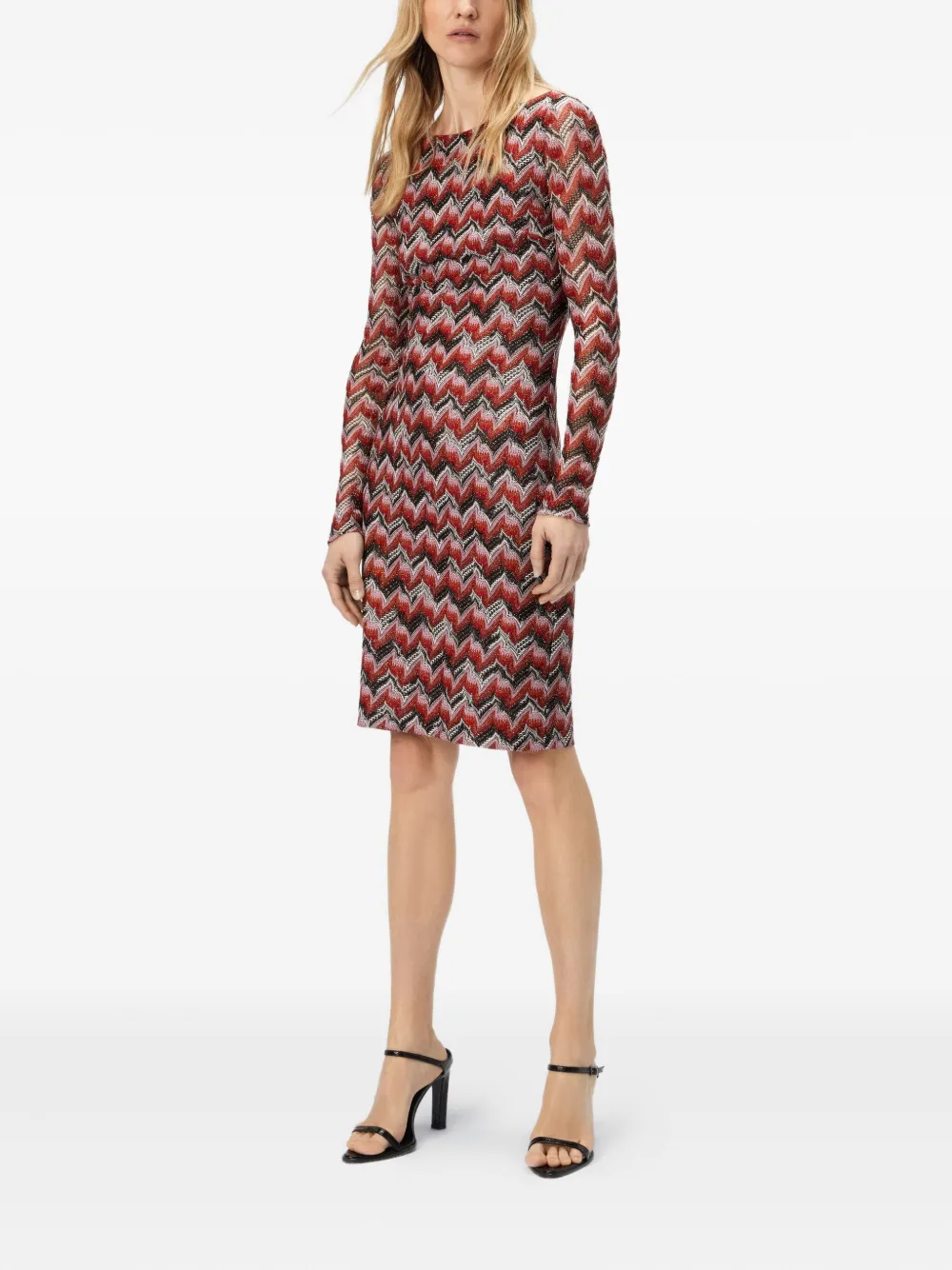Missoni Chevron-pattern Long-sleeve Midi Dress In Red
