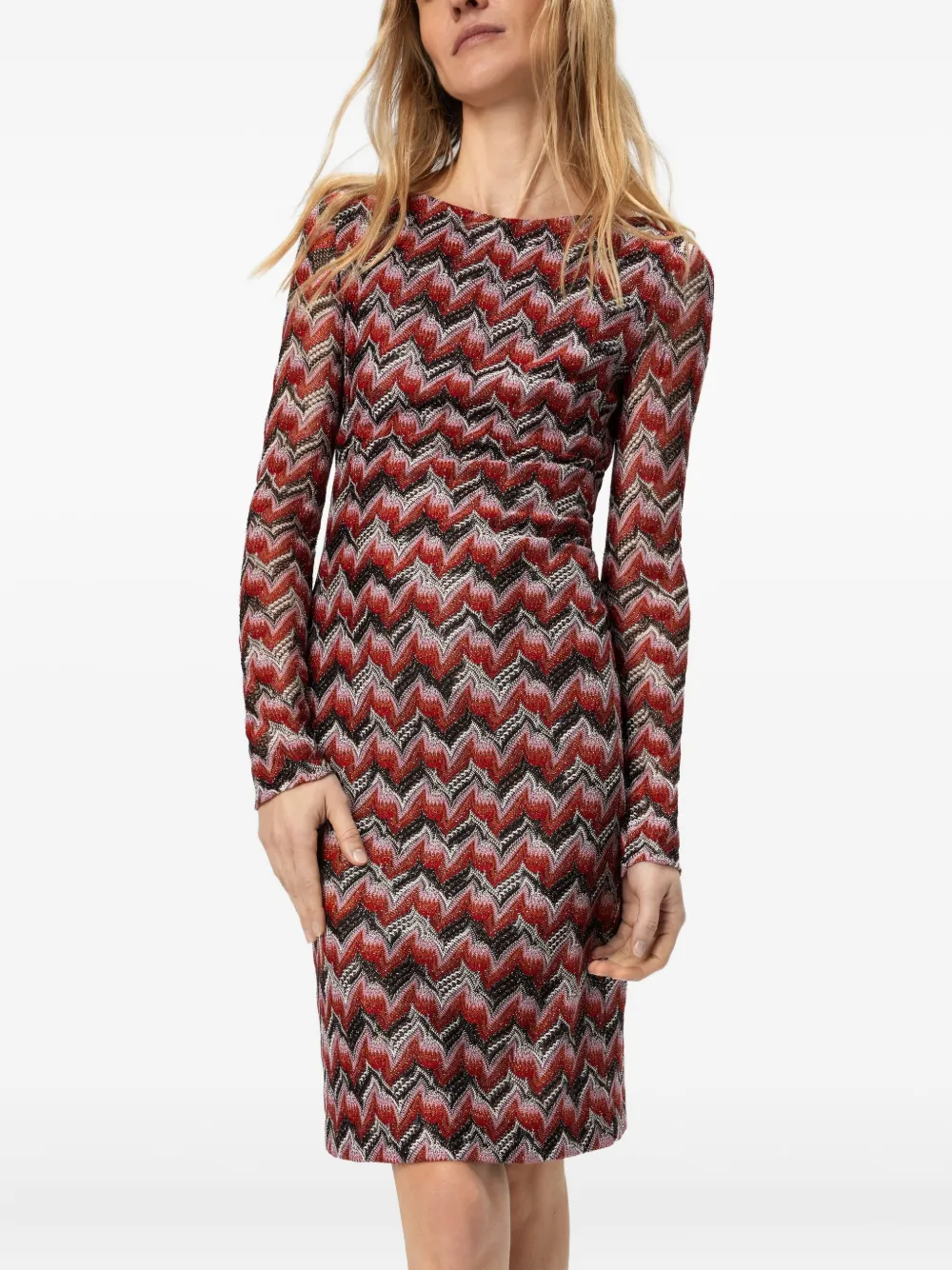 Missoni Chevron-pattern Long-sleeve Midi Dress In Red