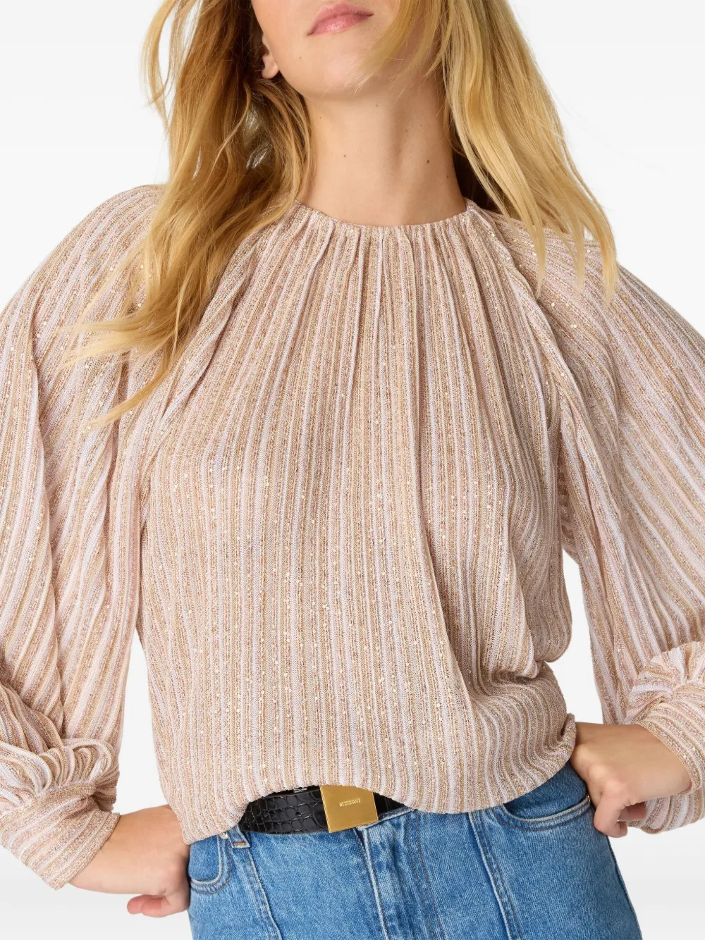 Missoni Striped-pattern Gathered-neckline Blouse In Neutral