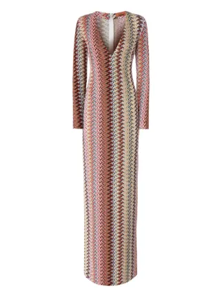 long sleeve maxi chevron dress Missoni chevron-pattern Maxi Dress | Brown