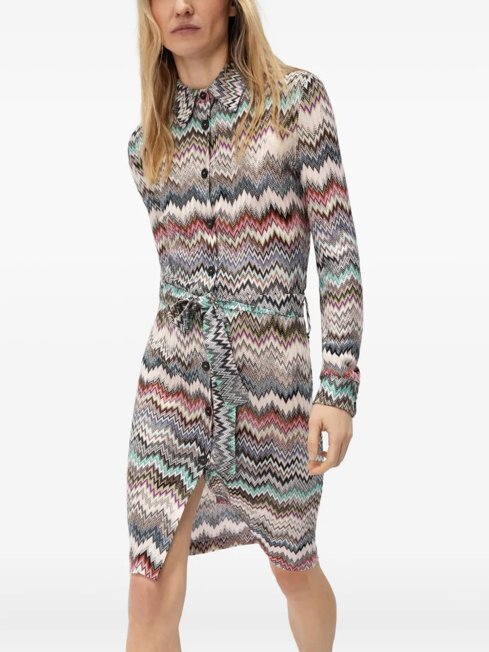 Missoni chevron-pattern belted midi shirt dress Beige