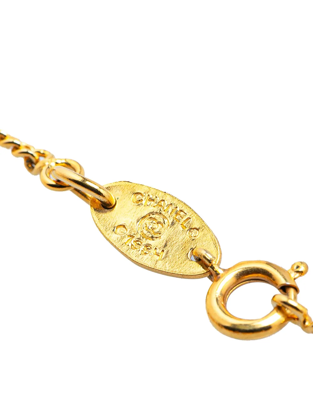 Pre-owned Chanel 1970-1980 Gold Plated Rhinestones Clover Pendant Necklace Costume Necklace