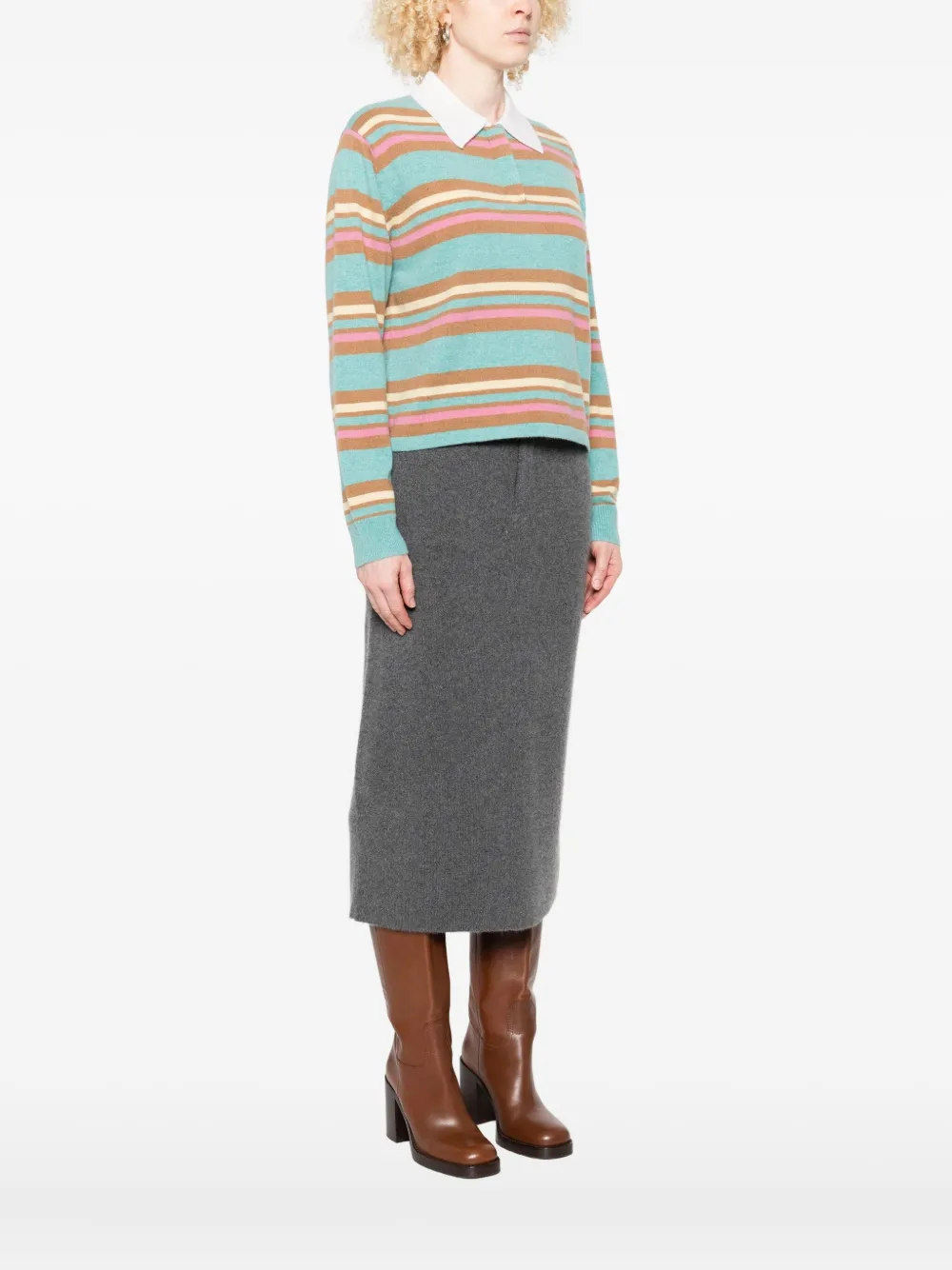Guest In Residence Cropped Striped Cashmere Polo Shirt In Blue
