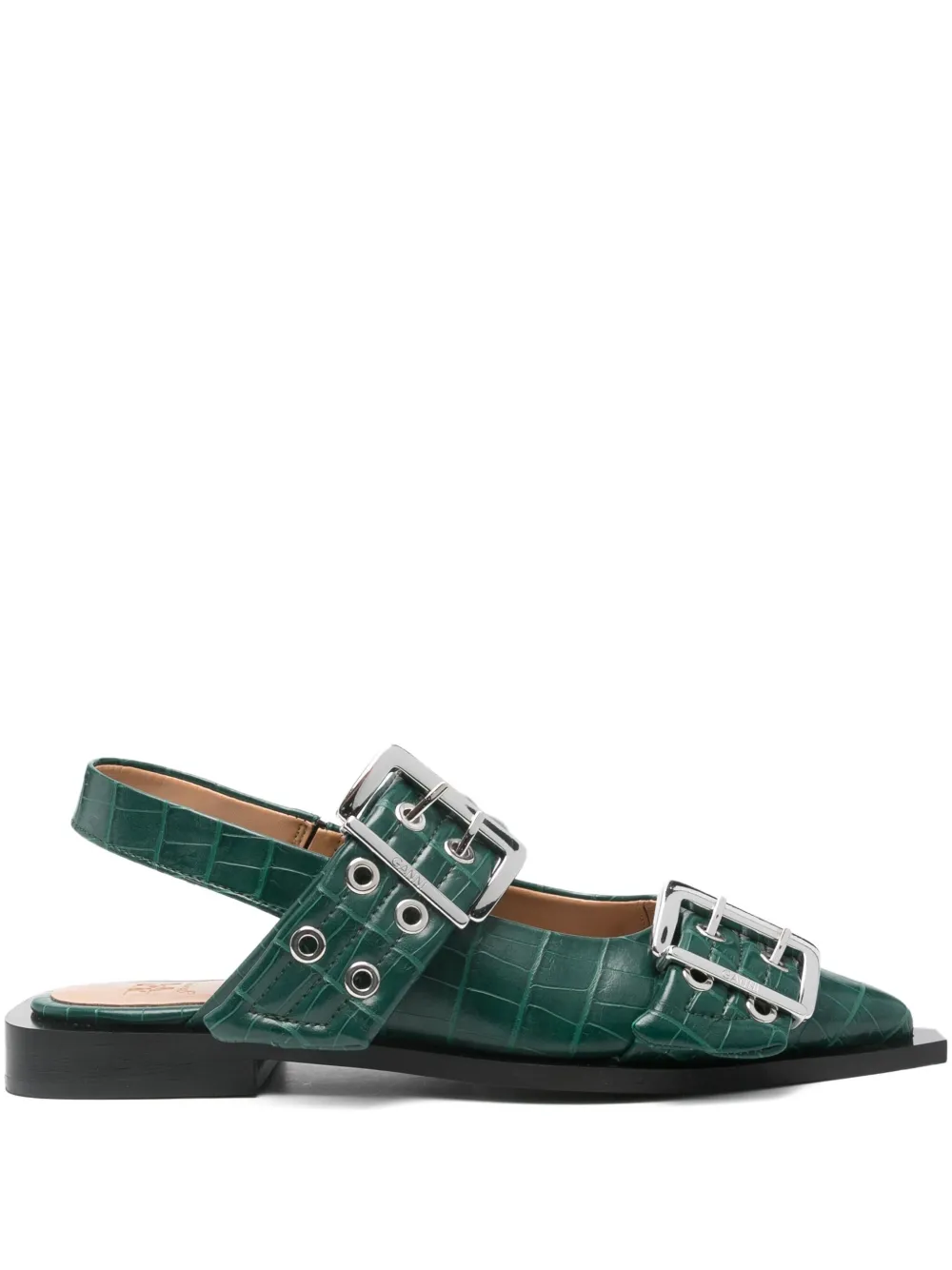 GANNI double-buckle pointed flat pumps Green