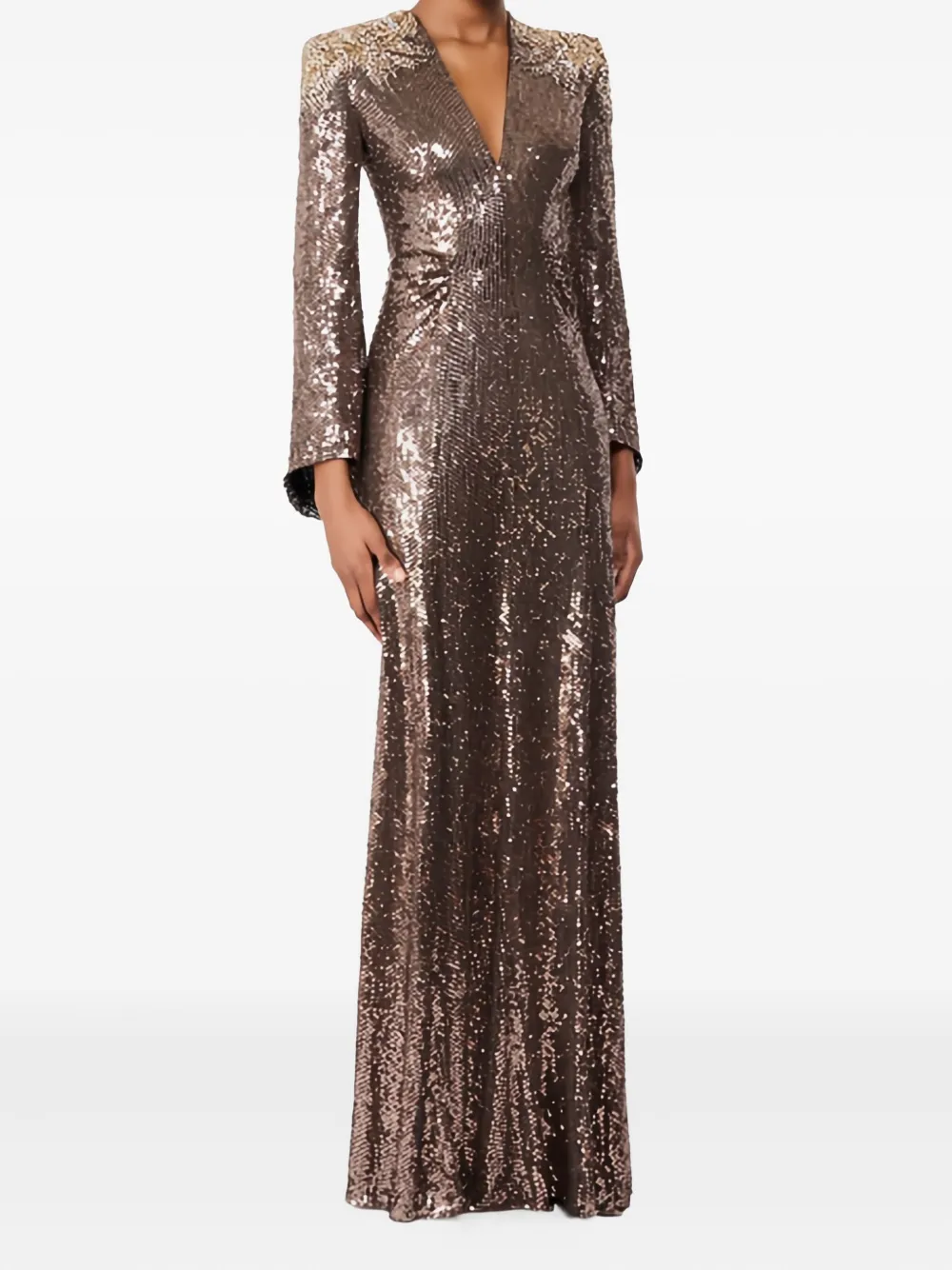 Jenny Packham sequin-embellished bell-sleeve maxi dress - Bruin