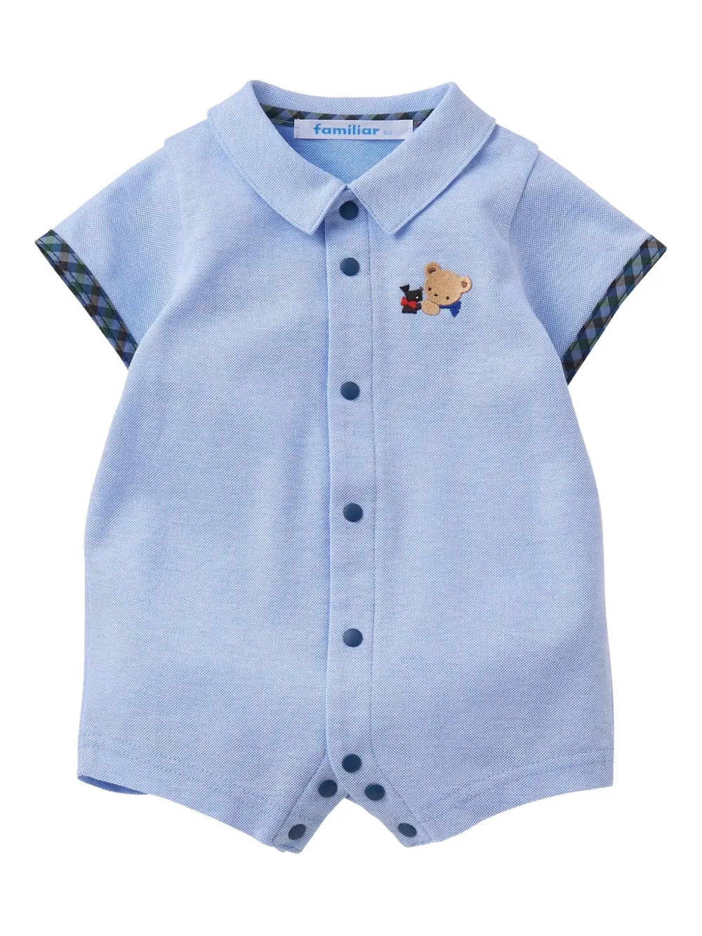 familiar bear-embroidered short-sleeved romper | Blue | Image 1