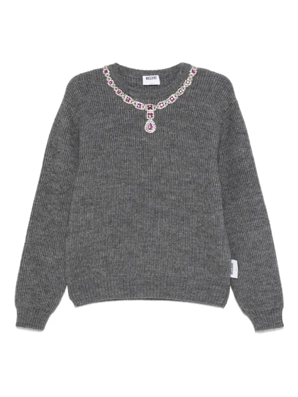Moschino jewel-embellished Ribbed Sweater | Grey | FARFETCH