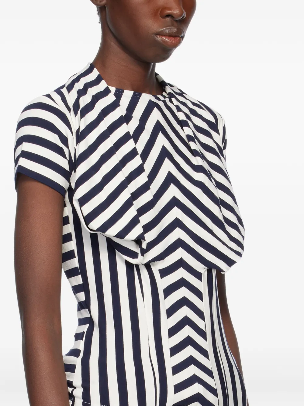 Pushbutton Striped Pleated T-shirt In White