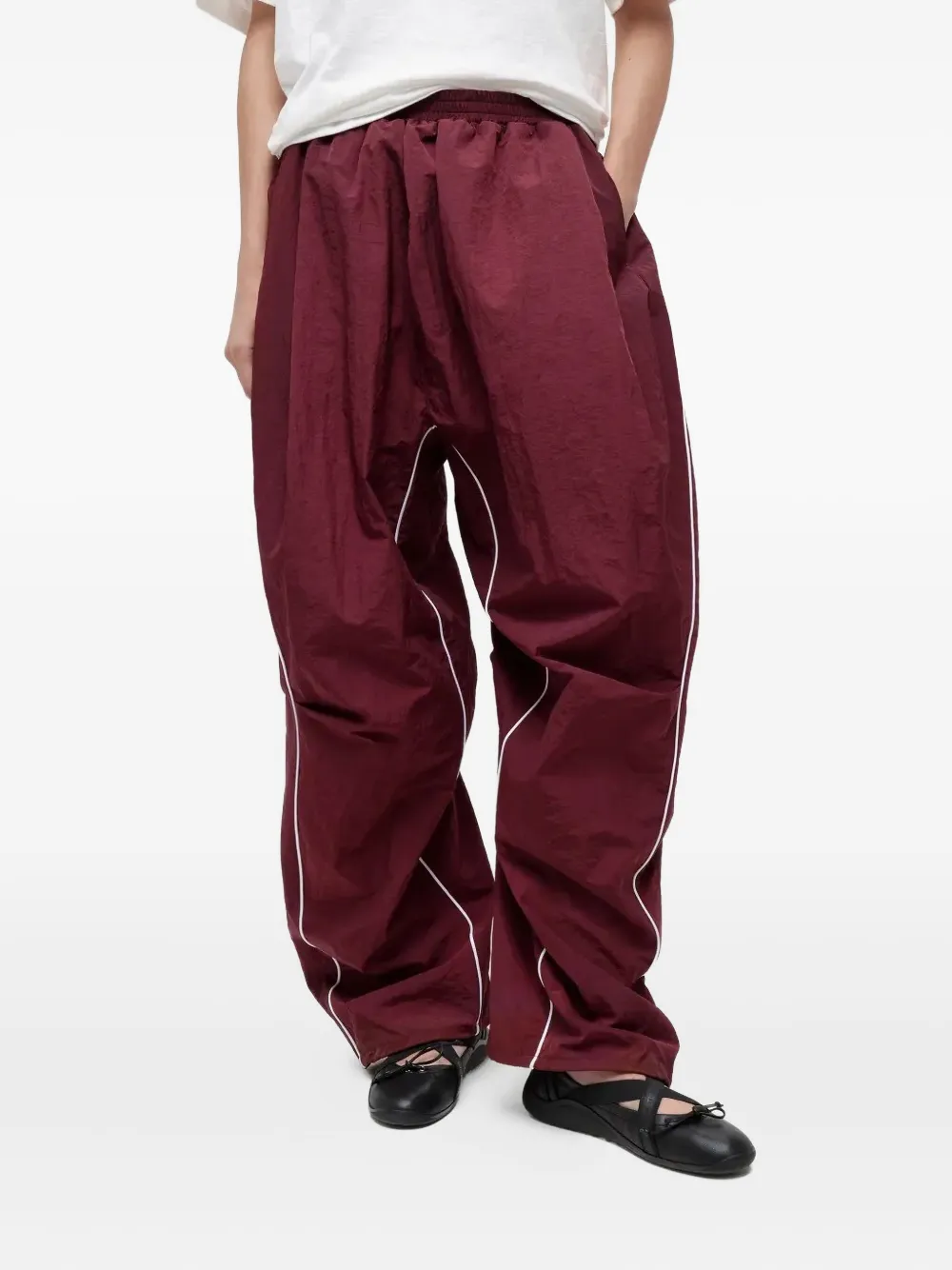 Pushbutton Pleated Piped Track Pants In Burgundy