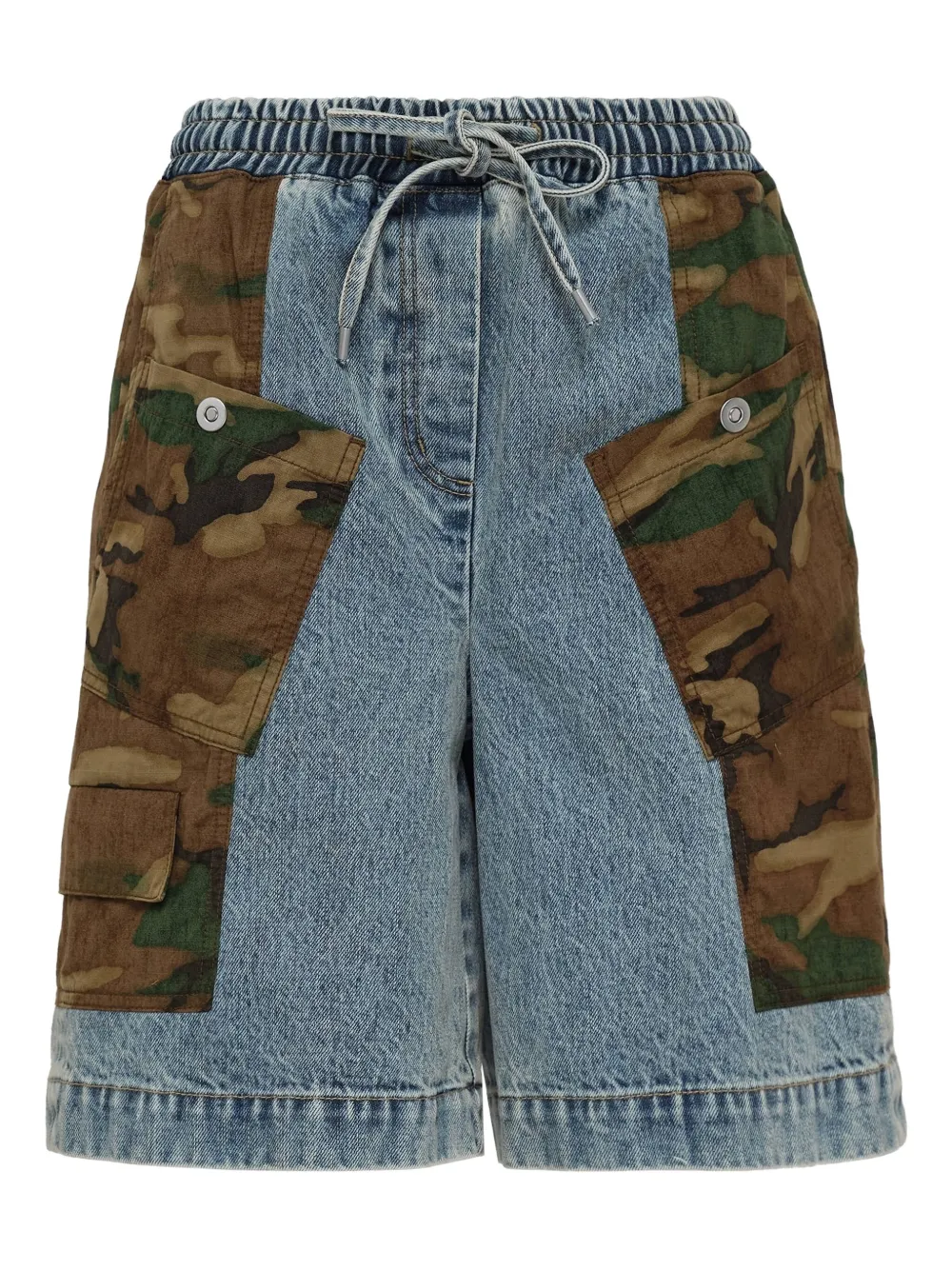 camouflage-panel denim shorts