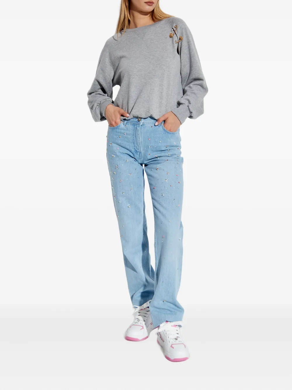 Versace Sweater met veiligheidsspeld en raglan mouwen Grijs