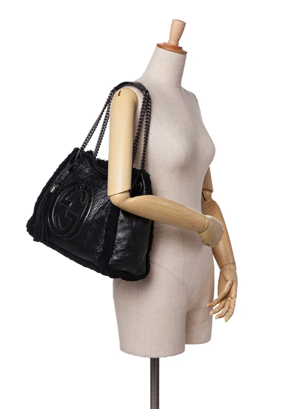 Pre-owned Gucci 2016-2025 Medium Patent Shearling Soho Chain Tote Bag In Black