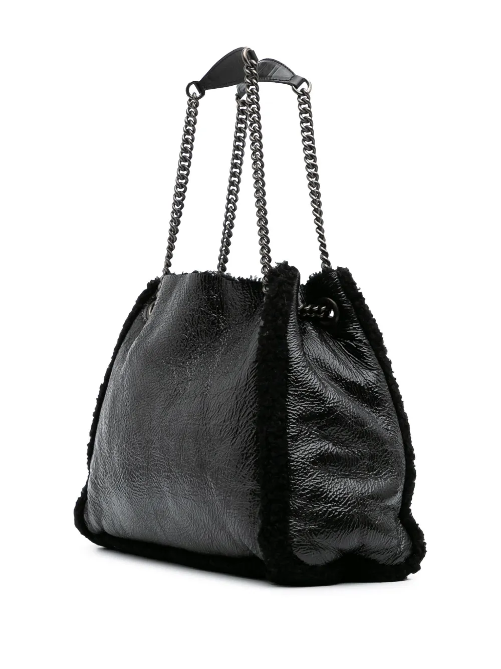 Pre-owned Gucci 2016-2025 Medium Patent Shearling Soho Chain Tote Bag In Black