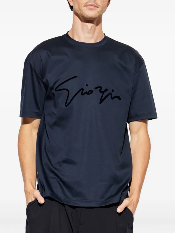 Giorgio Armani signature-embroidered Cotton T-shirt | Blue