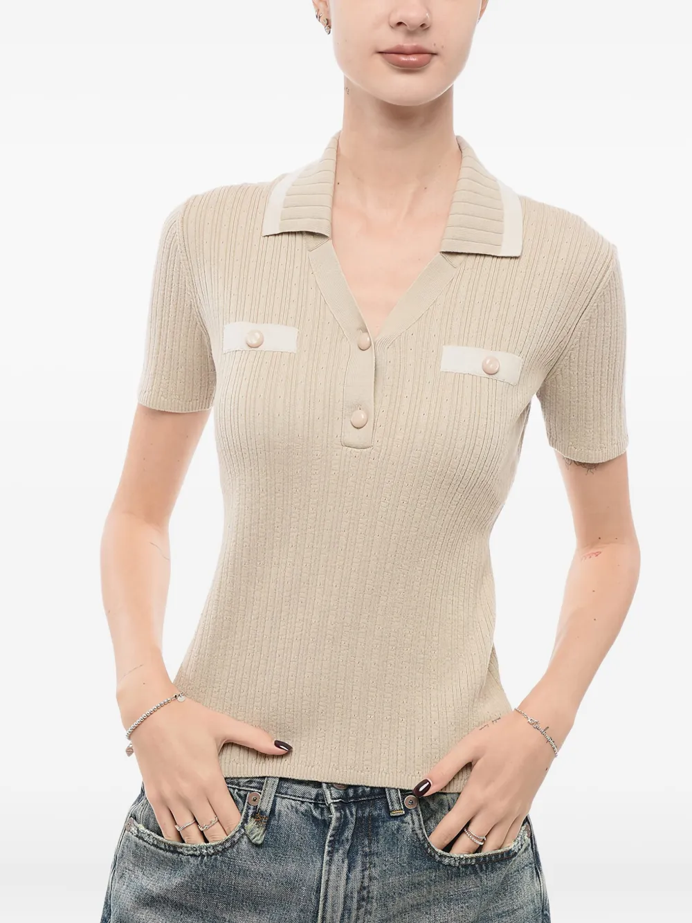 Giorgio Armani ribbed polo top | Neutrals | Image 1