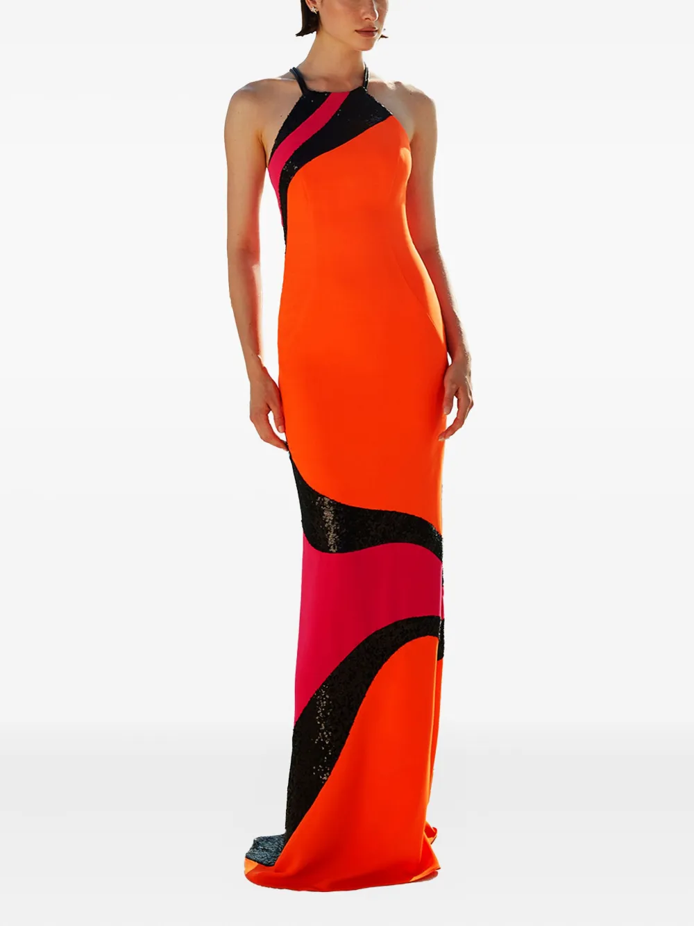 Maestri Maxi-jurk met pailletten en halternek Oranje
