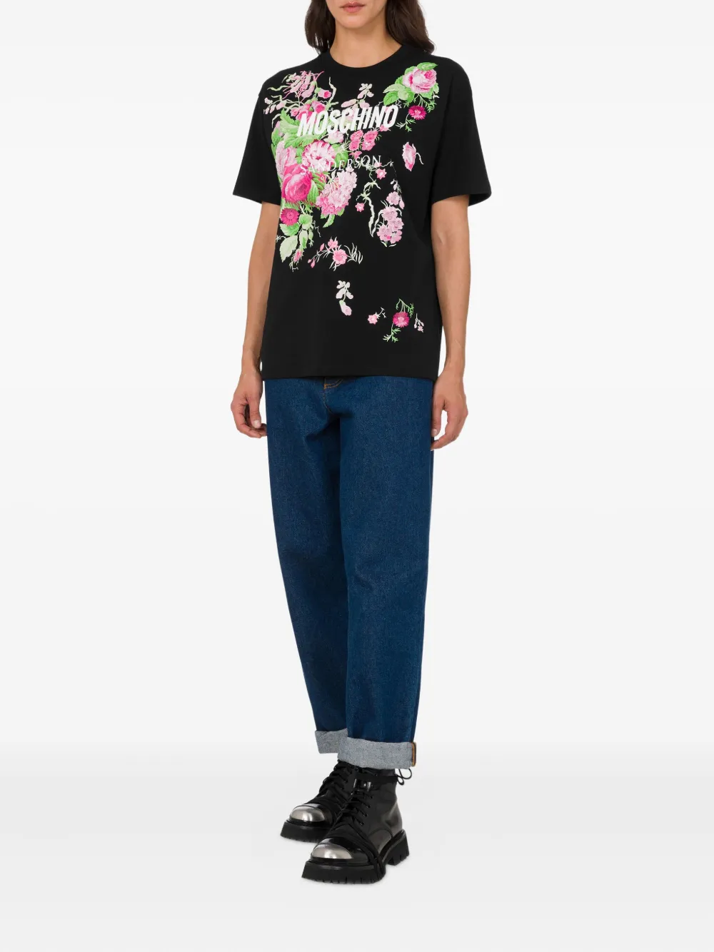 Moschino Katoenen T-shirt met bloemenprint Zwart