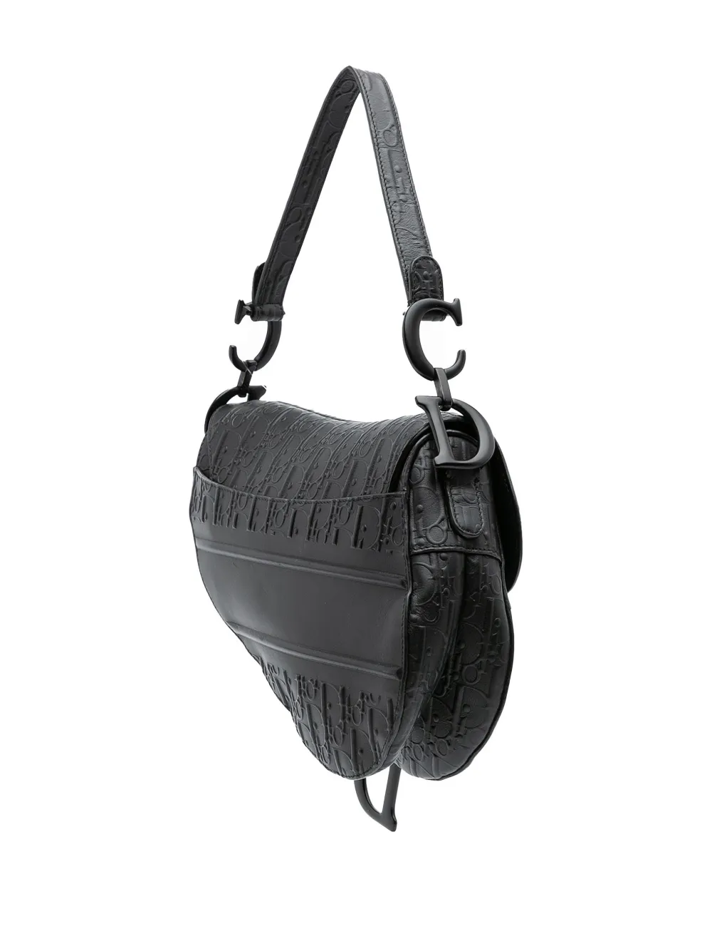 Pre-owned Dior 2019 Oblique Embossed Calfskin Saddle Bag Shoulder Bag In Black