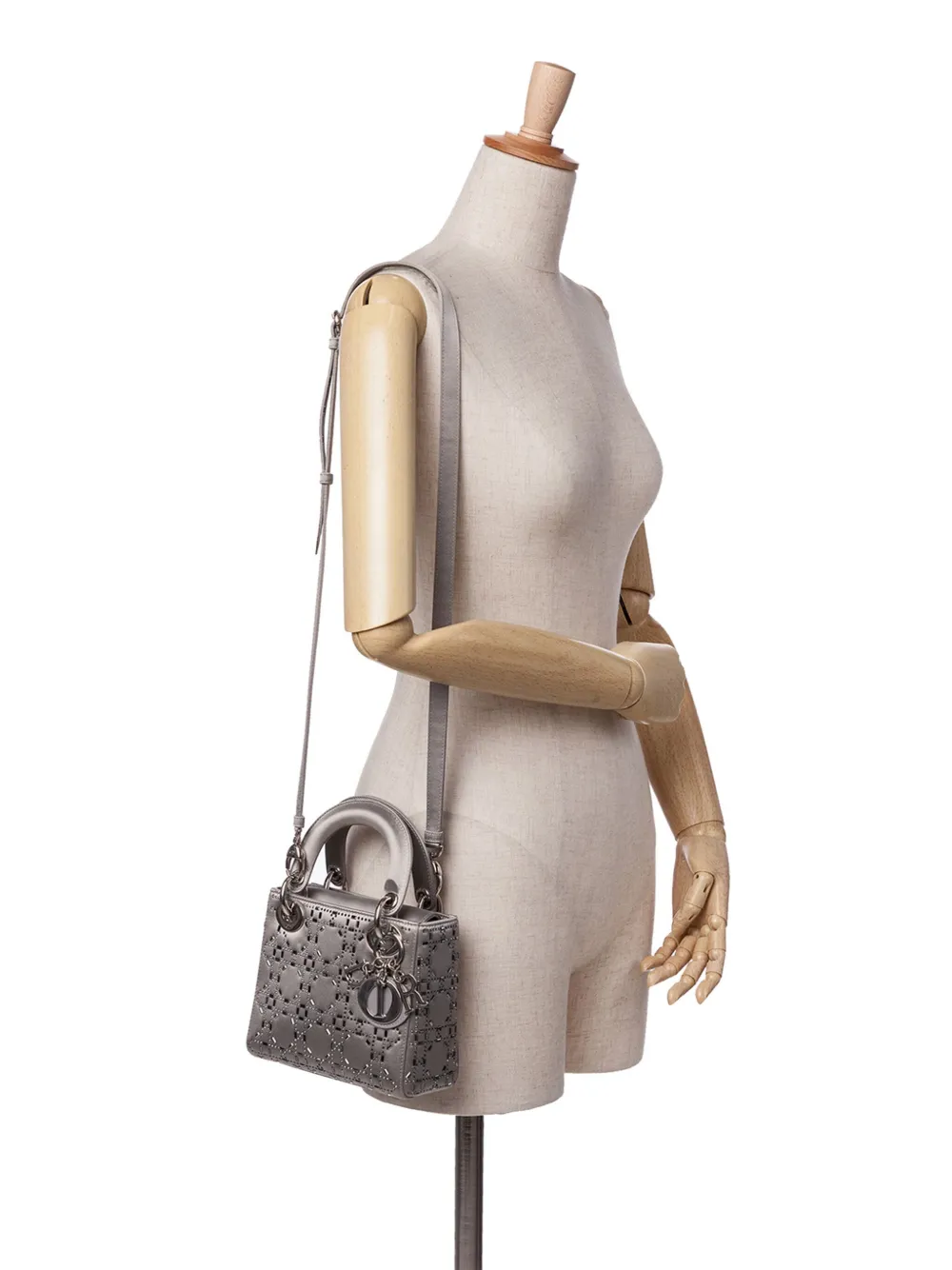 Pre-owned Dior 2017 Mini Satin Cannage Strass Crystal Embellished Lady Satchel In Gray