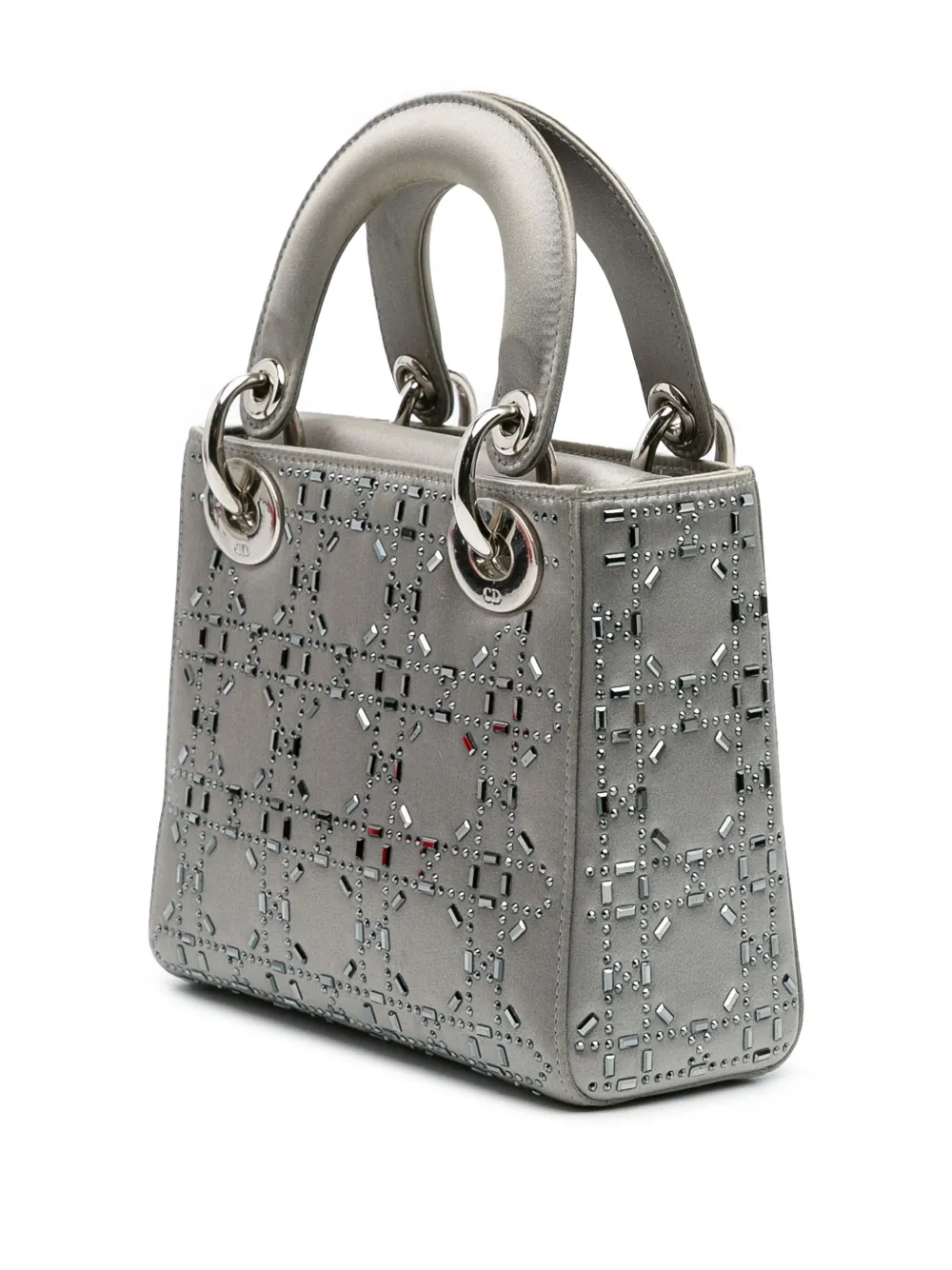 Pre-owned Dior 2017 Mini Satin Cannage Strass Crystal Embellished Lady Satchel In Gray