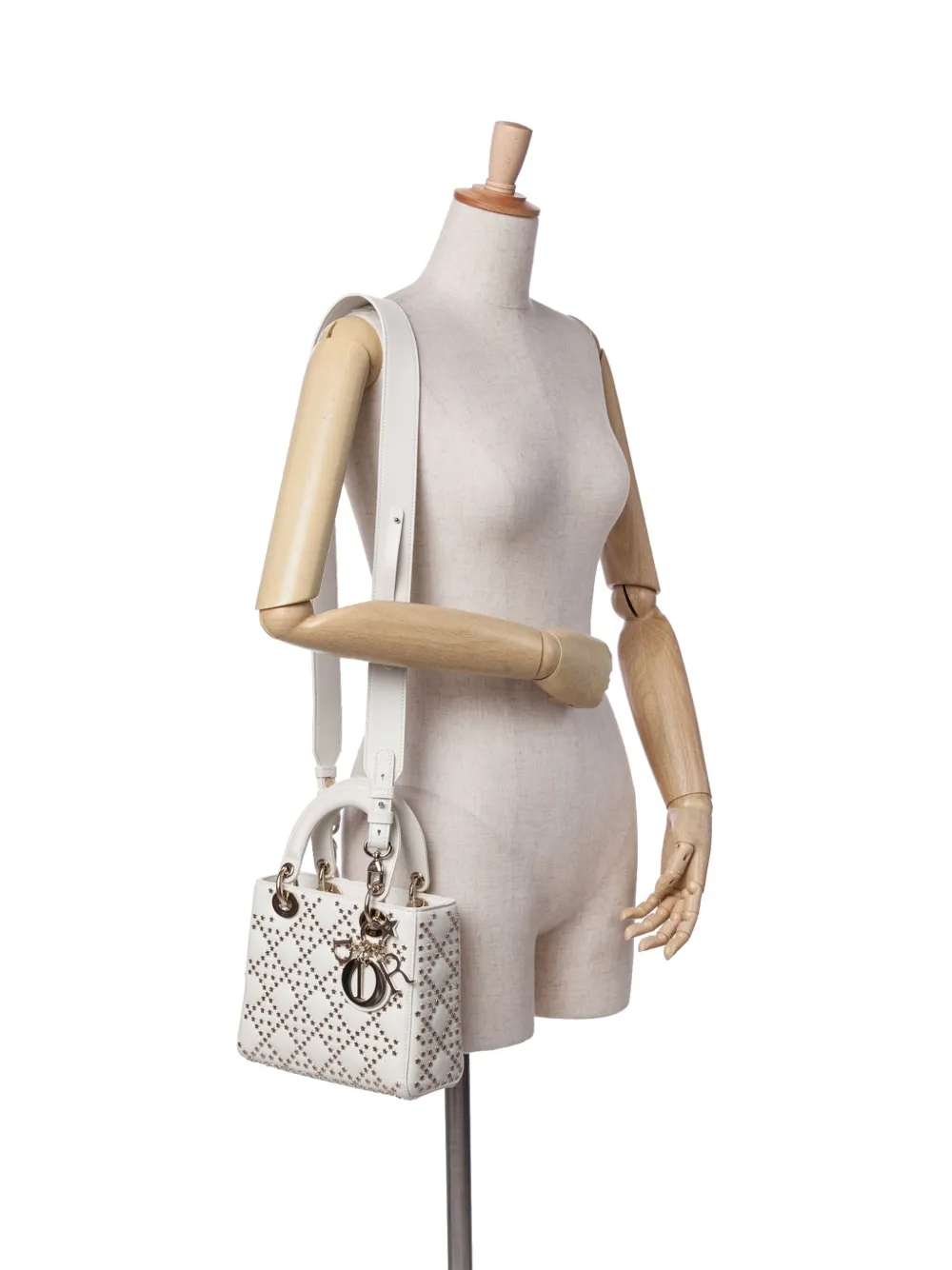 Pre-owned Dior 2022 Small Lambskin Cannage Lucky Star Studded Lady  Satchel In White