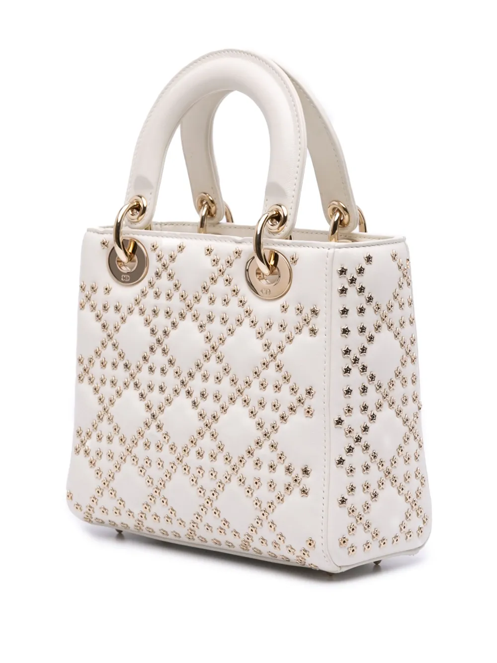 Pre-owned Dior 2022 Small Lambskin Cannage Lucky Star Studded Lady  Satchel In White