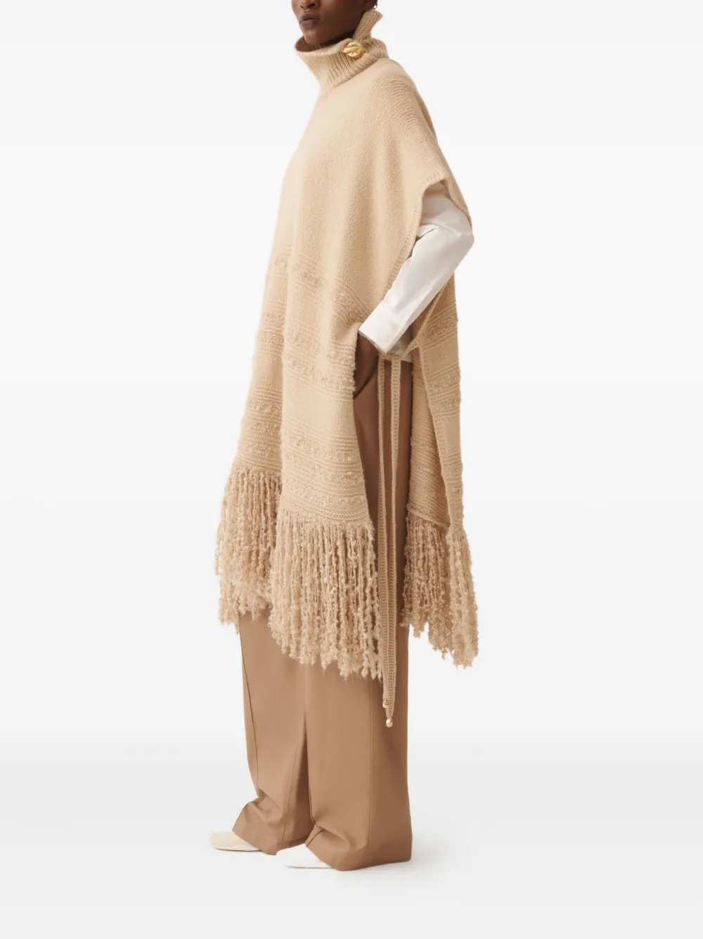 Fabiana Filippi Turtleneck Fringe Poncho In Neutral