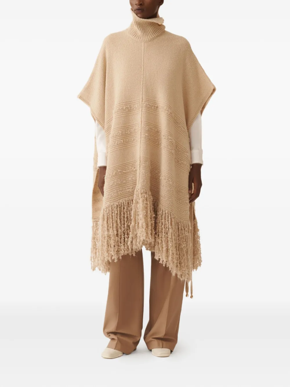 Fabiana Filippi Turtleneck Fringe Poncho In Neutral