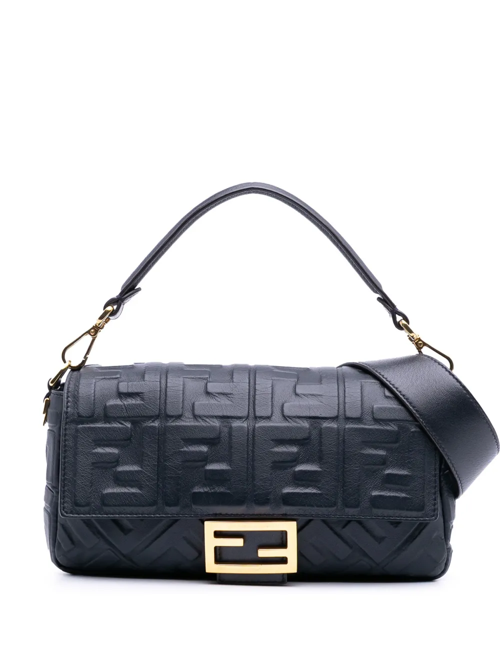Pre-owned Fendi 2010-2024 Zucca Embossed Leather Baguette Satchel In Black