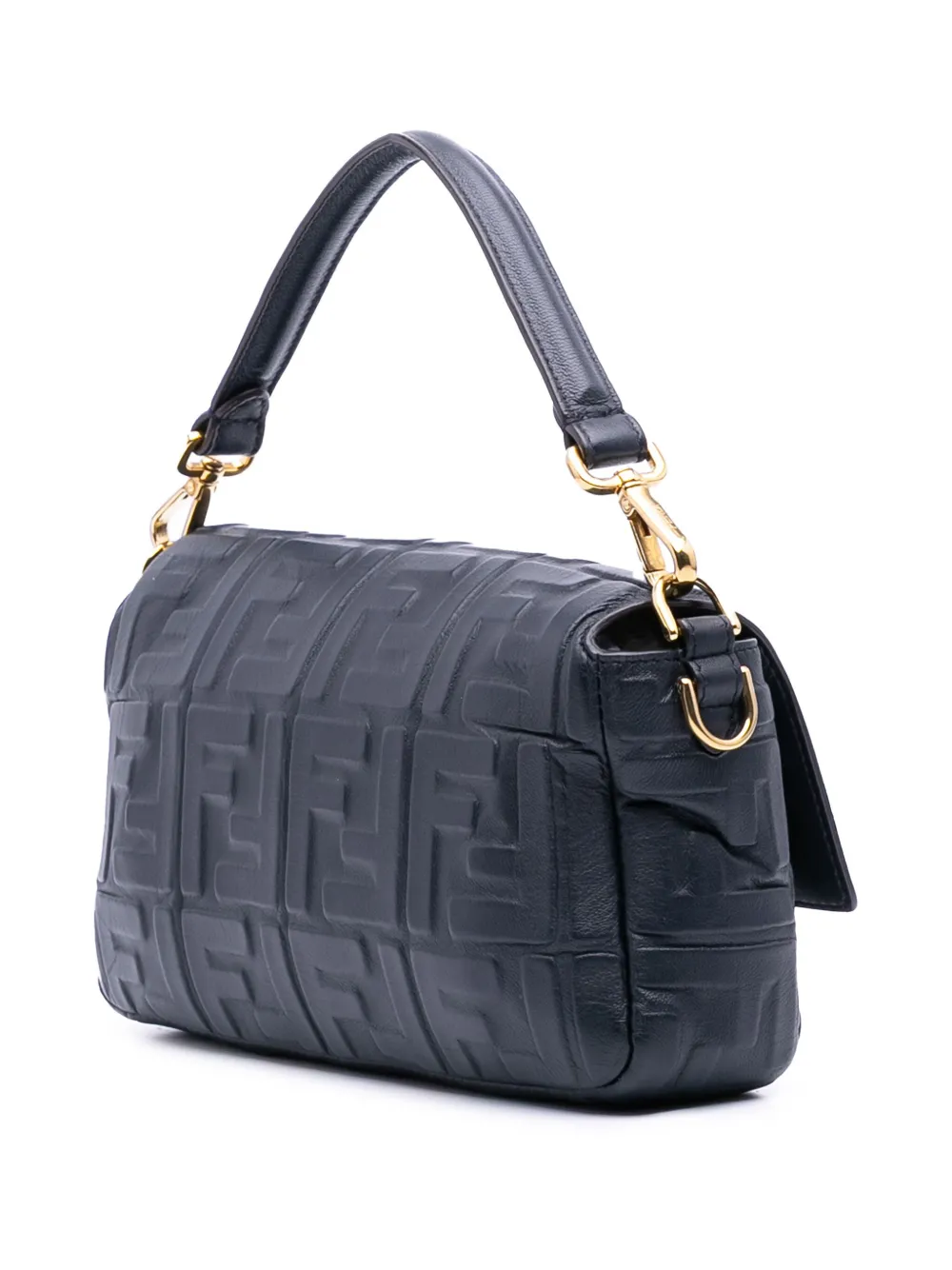 Pre-owned Fendi 2010-2024 Zucca Embossed Leather Baguette Satchel In Black