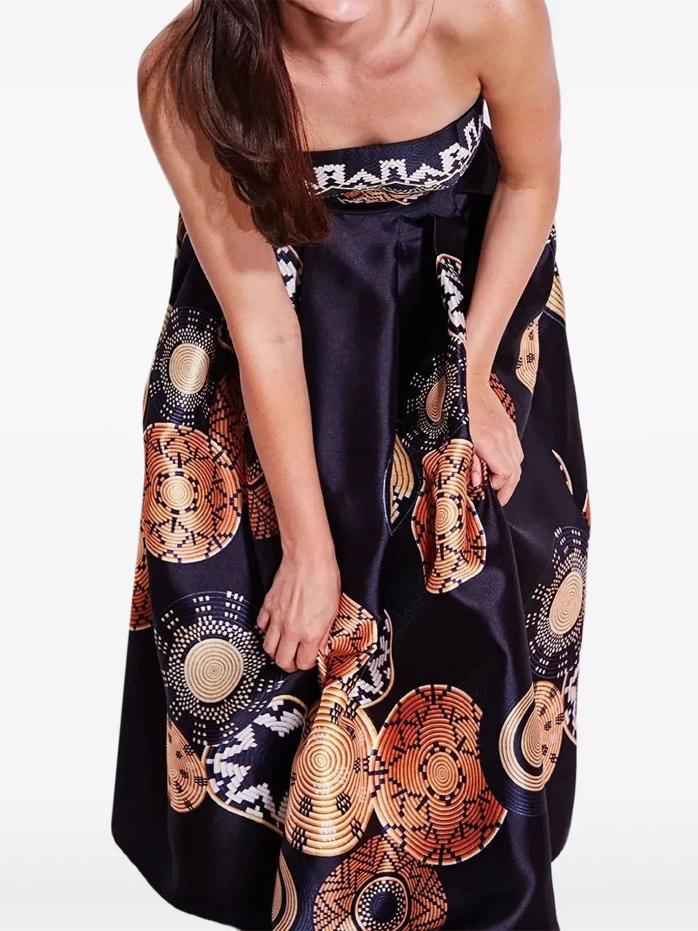 Allure Strapless Print Dress In Blue