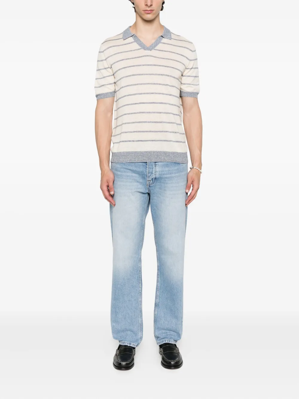 Gran Sasso striped V-neck linen T-shirt - Beige