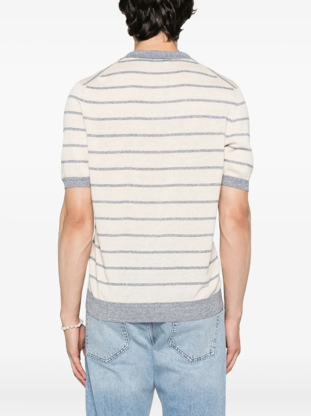 Gran Sasso Striped V-neck Linen T-shirt In Neutral