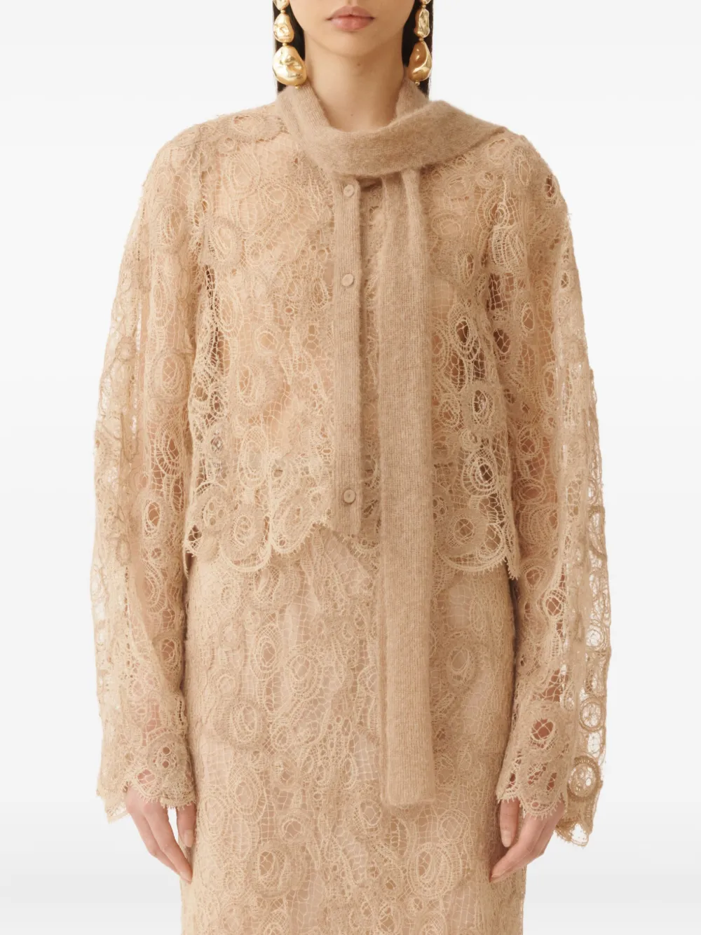 Fabiana Filippi macramé-lace tie-neck shirt Beige