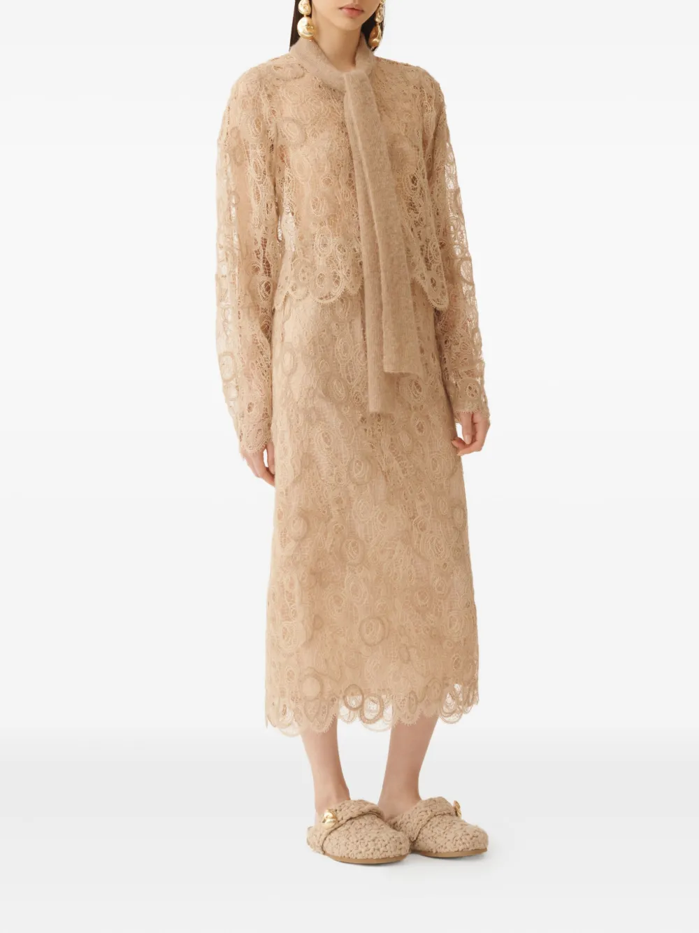 Fabiana Filippi macramé-lace tie-neck shirt Beige