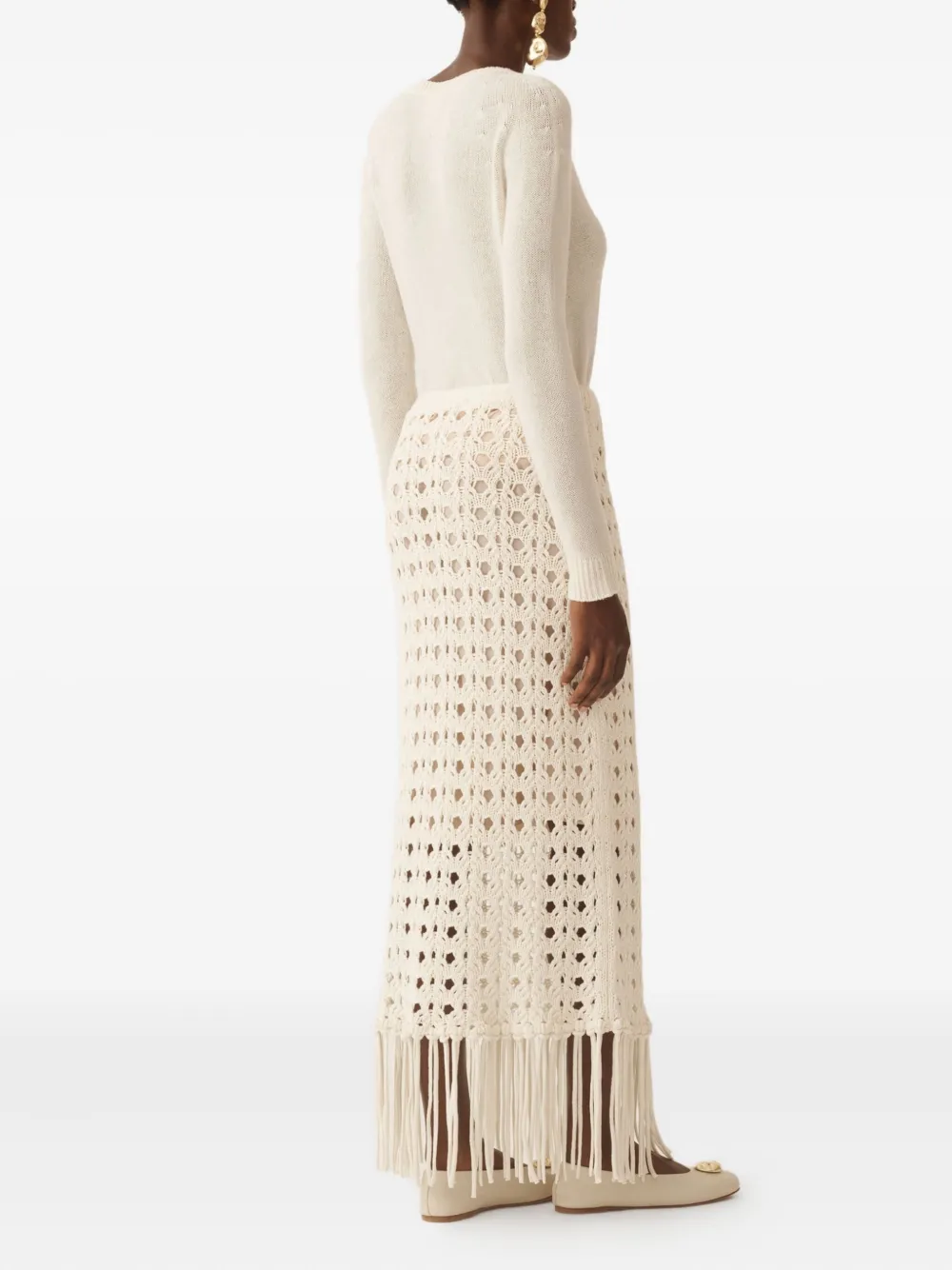 Fabiana Filippi Open-knit Fringed Long Skirt In Neutral